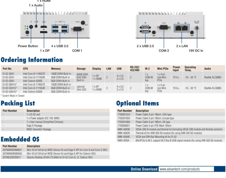 研華EI-52 研華EI-52，邊緣計算系統(tǒng)，支持 Intel 11th gen CPU，可選 Core i5 /i3 /Celeron 處理器，具備豐富擴(kuò)展接口 2 x LAN，2 x COM，6 x USB等，內(nèi)部可以通過 miniPCIe 或 M.2 擴(kuò)展AI加速卡實現(xiàn)工業(yè)AI機(jī)器視覺，搭載5G通訊模塊。