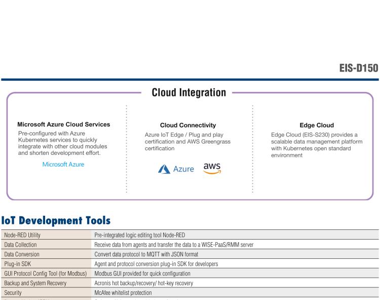 研華EIS-D150 研華EIS-D150，邊緣計算系統(tǒng)，支持Intel 第六代處理器，可選i3/i5/i7 CPU，最高支持 16 GB內(nèi)存，具備豐富擴(kuò)展接口 2 x LAN，4 x COM，6 x USB等，同時還可以擴(kuò)展 iDoor 和 ARK-Plus 模組增加更多的擴(kuò)展能力，可以根據(jù)現(xiàn)場應(yīng)用需求，靈活定制。