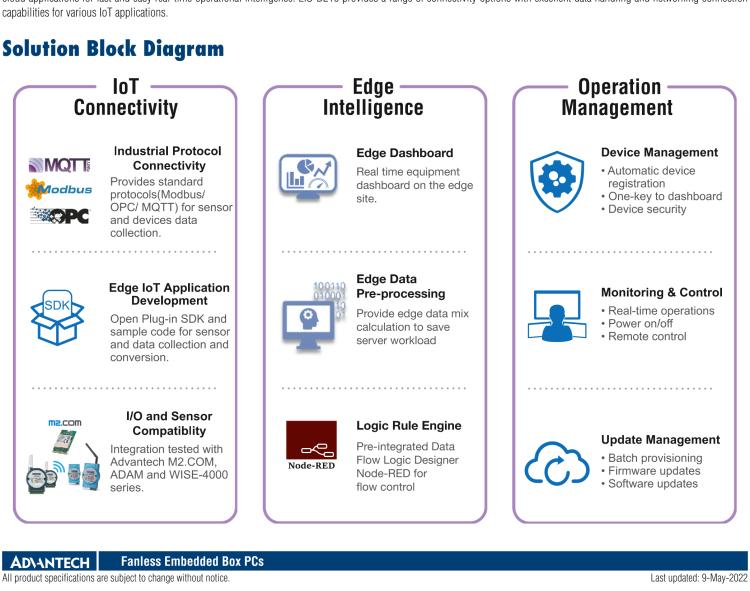研華EIS-D210 研華EIS-D210，邊緣計算系統(tǒng)網(wǎng)關(guān)，Intel Celeron N3350 Dual Core SoC，最高支持 8 GB內(nèi)存，低功耗邊緣智能設(shè)備，具備豐富擴展接口 2 x LAN，2 x COM，4 x USB，1 x VGA等，搭配 Wifi 或 4G 模塊，可以實現(xiàn)無線數(shù)據(jù)傳輸，體積非常小
