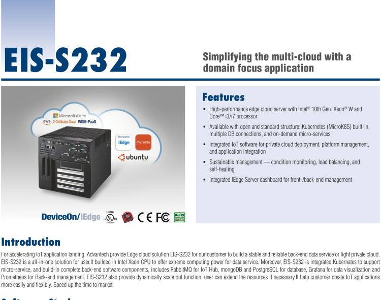 研華EIS-S232 研華 EIS-S232，邊緣計(jì)算系統(tǒng)服務(wù)器，支持Intel 第十代處理器，可選i3/i5/i7 Xeon CPU，DDR4 最高32GB，最多可支持4 x 2.5寸硬盤，具備豐富擴(kuò)展接口 2 x LAN，6 x COM，8 x USB，1 x PCIE，2 x PCI。產(chǎn)品生命周期長(zhǎng)，穩(wěn)定可靠。