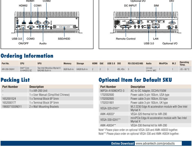 研華AIR-200 基于Intel Core i5-6442EQ處理器，AI計算平臺，內(nèi)置Myriad X VPU * 2
