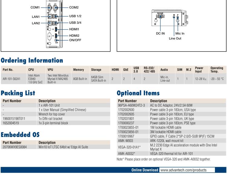 研華AIR-101 基于Intel Atom E3940處理器，AI計(jì)算平臺(tái)，內(nèi)置Myriad X VPU * 2