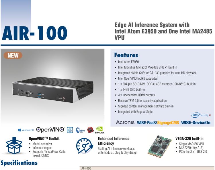 研華AIR-100 基于Intel Atom E3950處理器，AI計算平臺，內(nèi)置Myriad X VPU * 1