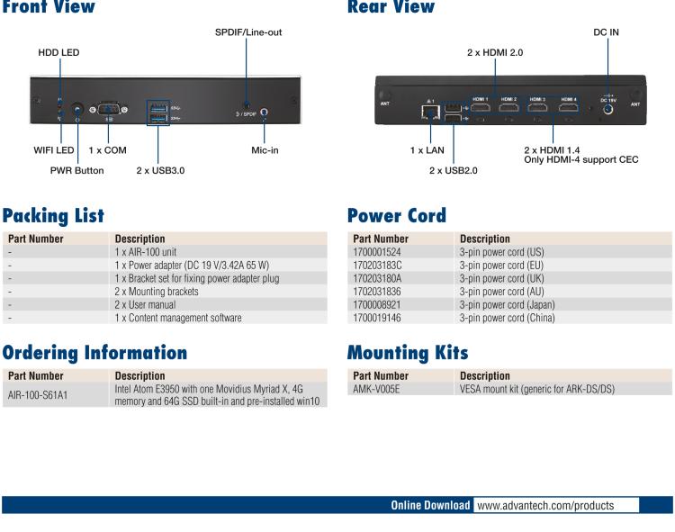 研華AIR-100 基于Intel Atom E3950處理器，AI計算平臺，內(nèi)置Myriad X VPU * 1