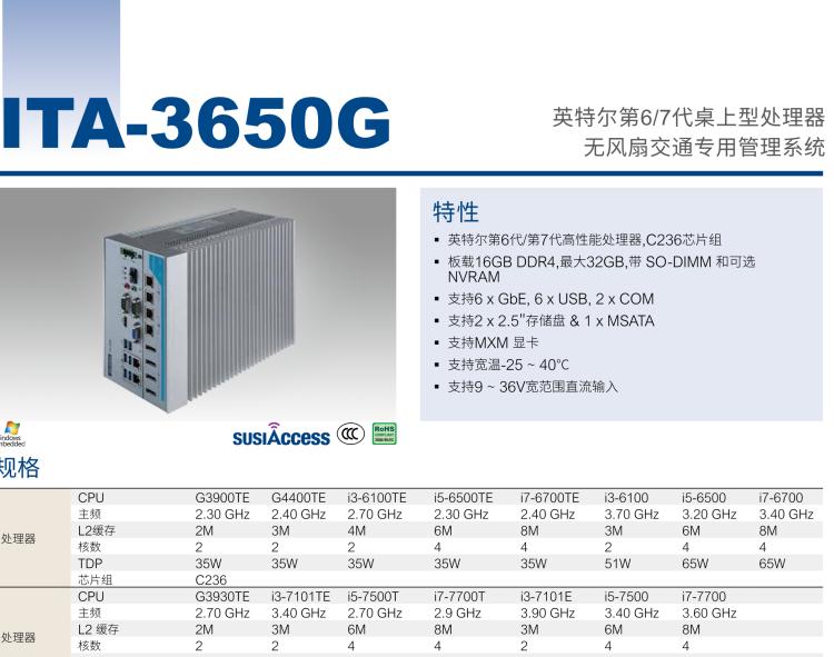研華ITA-3650G 英特爾第六代和第七代臺(tái)式機(jī)無(wú)風(fēng)扇系統(tǒng)，具有GPU模組，用于交通行業(yè)