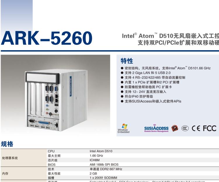 研華ARK-5260 Intel?Atom?D510無風扇嵌入式工控機，支持雙PCI/PCIe擴展和雙移動硬盤