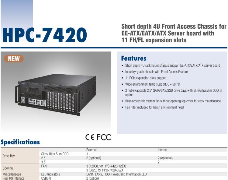 研華HPC-7420 用于EE-ATX/EATX/ATX主板的4U 短深度服務器機箱，帶有11個FH/FL擴展插槽