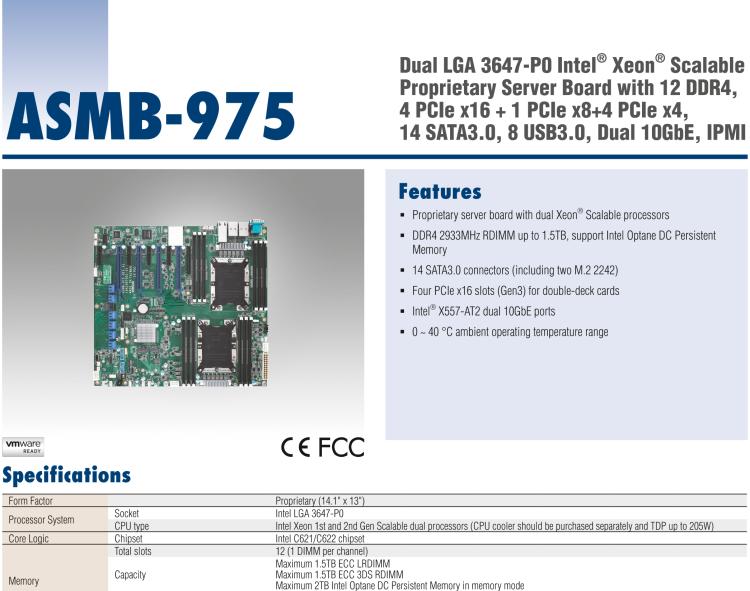 研華ASMB-975 雙路LGA3647-P0 Intel? Xeon? Scalable 服務(wù)器主板，帶12個(gè) DDR4, 4個(gè) PCIe x16 + 1個(gè) PCIe x8 + 4 個(gè)PCIx4, 14 個(gè) SATA3, 8 個(gè)USB3.0, Dual 10GbE, IPMI