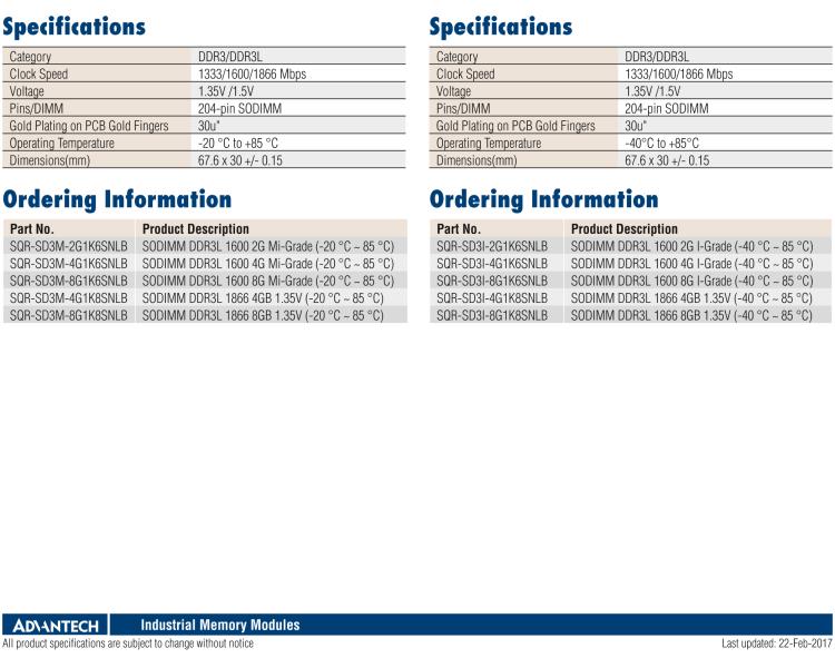 研華SQR-SD3I SODIMM DDR3L 1333/1600/1866，帶溫度傳感器 (-40~85°C)