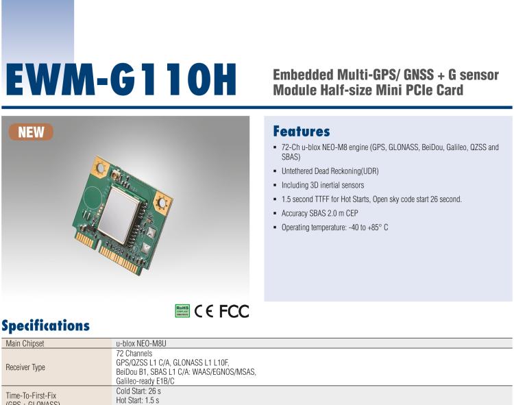 研華EWM-G110 Multi-GNSS (GPS、GLONASS、BeiDou、Galileo、QZSS 和 SBAS) +G-sensor 半尺寸 Mini PCIe 卡