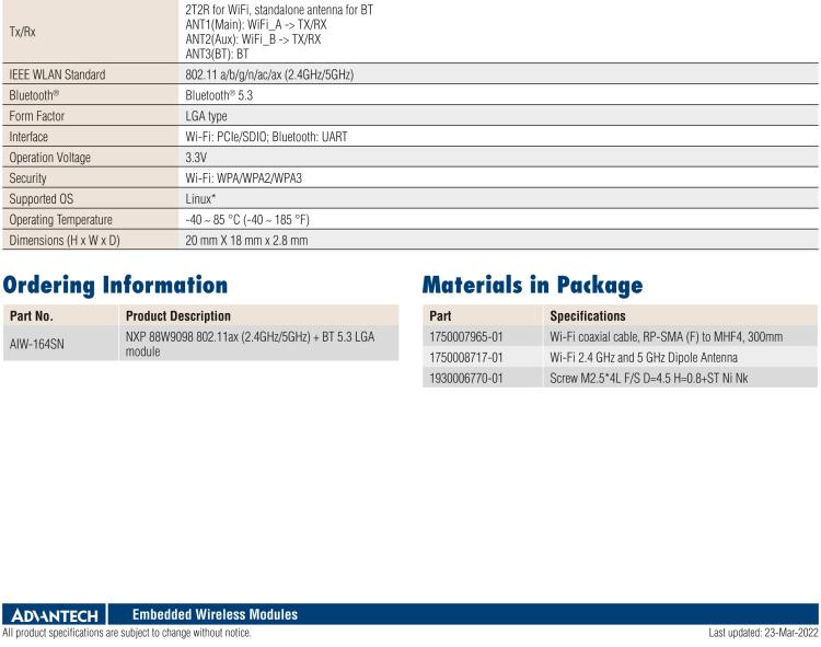研華AIW-164 IEEE 802.11ax（2.4GHz+5GHz）+ 藍牙5.3，LGA型