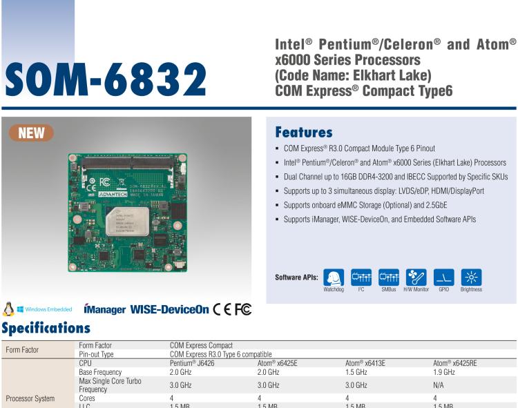 研華SOM-6832 Intel Pentium/Celeron 及 Atom x6000系列（Elkhart Lake）處理器，COM Express? Compact Type 6 模塊