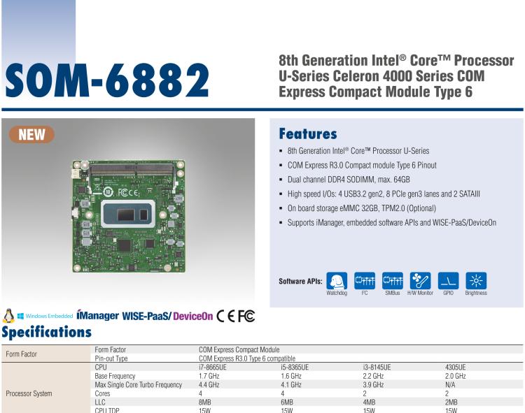 研華SOM-6882 第八代 Intel?Core 處理器，COM Express Compact R3.0 Type 6 模塊