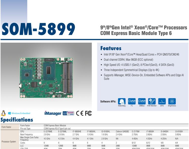研華SOM-5899 第八代Intel Xeon/Core 處理器， COM Express Basic Type 6 模塊