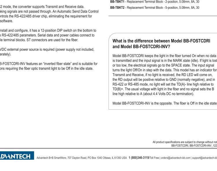研華BB-FOSTCDRI-INV 串口轉(zhuǎn)換器，RS-232/422/485 TB至MM光纖ST（反向），工業(yè)DIN，C1D2