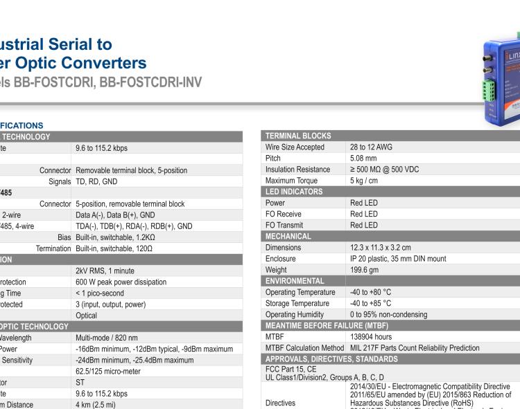 研華BB-FOSTCDRI-INV 串口轉(zhuǎn)換器，RS-232/422/485 TB至MM光纖ST（反向），工業(yè)DIN，C1D2
