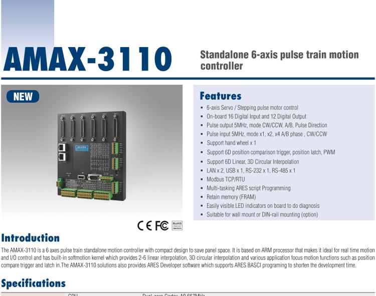 研華AMAX-3110 AMAX-3110是一個6軸脈沖序列獨立式運動控制器，一體化精巧的設計，節(jié)省空間