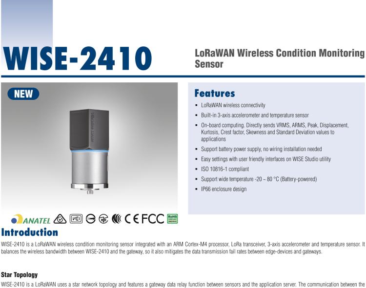 研華WISE-2410 WISE-2410是LoRaWA N無線振動溫度監(jiān)控傳感器，電池使用周期為2年。