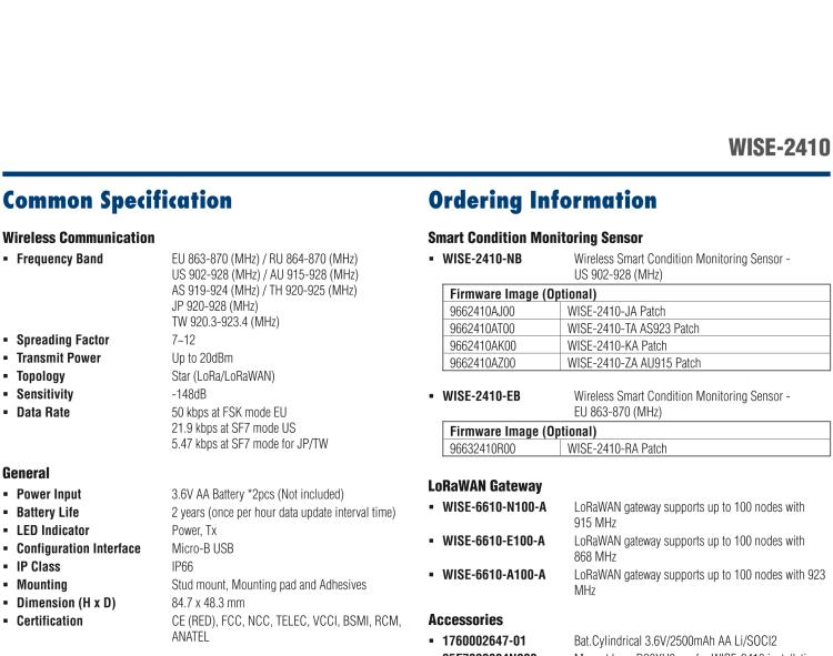 研華WISE-2410 WISE-2410是LoRaWA N無線振動溫度監(jiān)控傳感器，電池使用周期為2年。