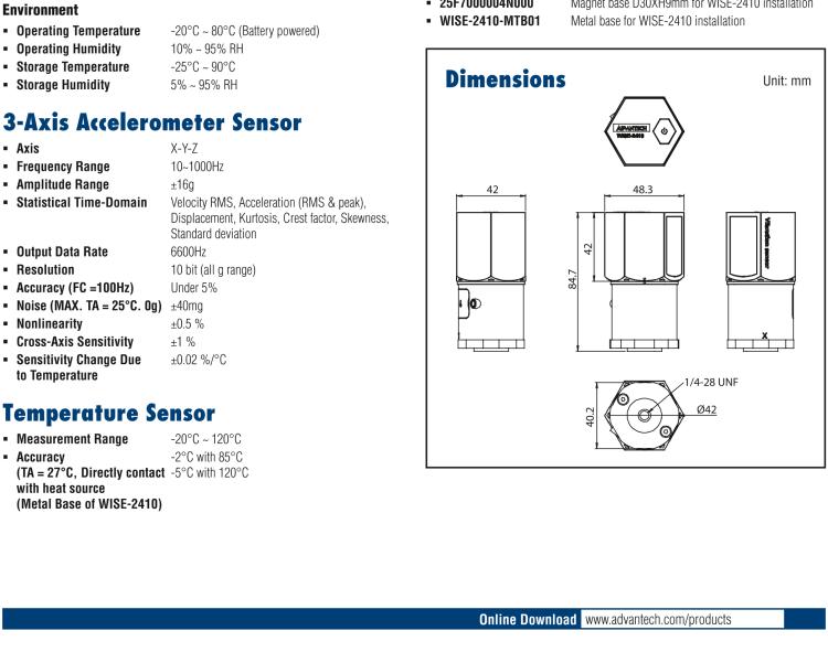 研華WISE-2410 WISE-2410是LoRaWA N無線振動溫度監(jiān)控傳感器，電池使用周期為2年。