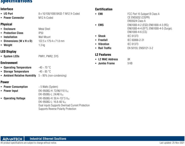 研華EKI-9508G-L 8個千兆M12端口非網管EN50155交換機，支持24/48 VDC供電