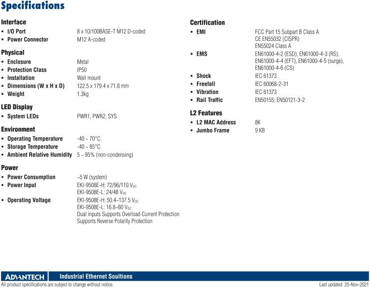 研華EKI-9508E-L EN50155 Unmanaged Ethernet Switch with 8FE, 24-48 VDC