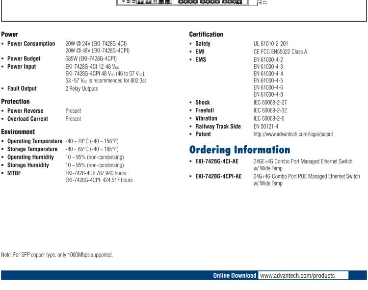 研華EKI-7428G-4CPI 24GE+4G Combo網(wǎng)管型PoE工業(yè)以太網(wǎng)交換機(jī)，IEEE802.3af/at，19”機(jī)架式安裝，-40~75℃，46~57VDC