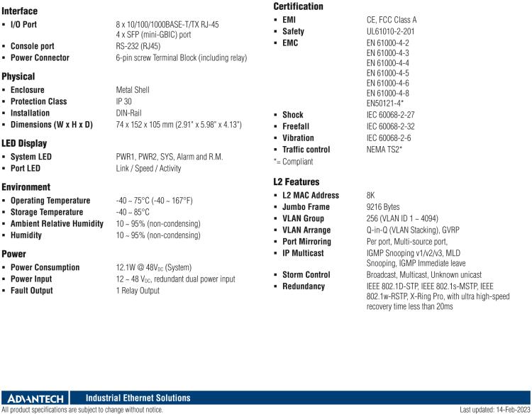 研華EKI-9612G-4FI 8GE+4G SFP 三層網(wǎng)管型以太網(wǎng)交換機(jī)，-40～75℃