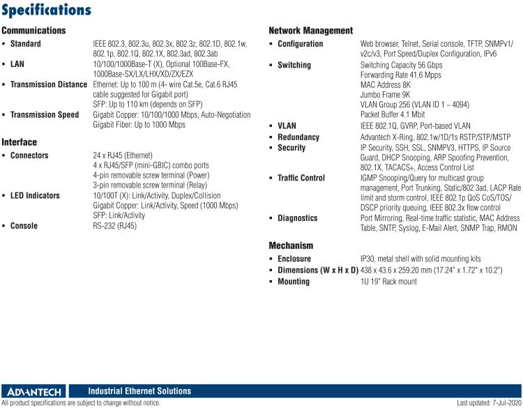 研華EKI-7428G-4CI 24GE+4G Combo光電復(fù)用網(wǎng)管型以太網(wǎng)交換機(jī)，-40~70℃