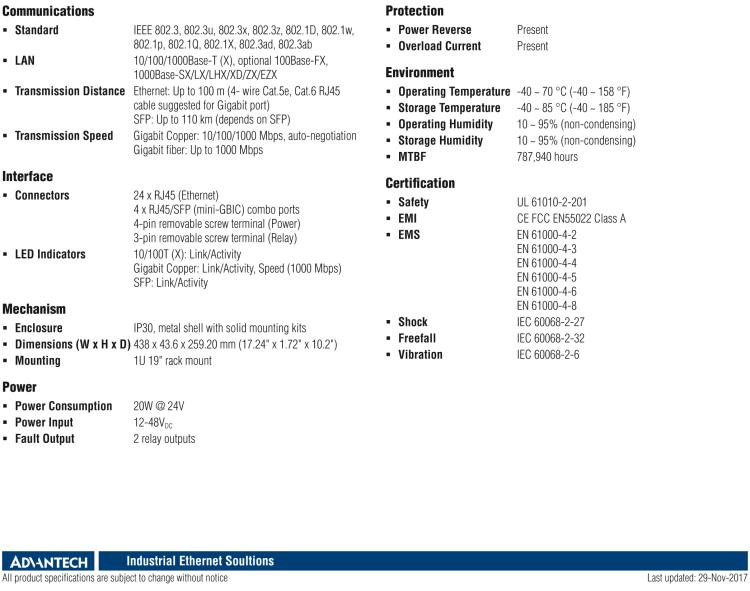 研華EKI-2428G-4CI 24GE+4G組合非托管以太網(wǎng)交換機(jī)，19“機(jī)架式，-40~75℃