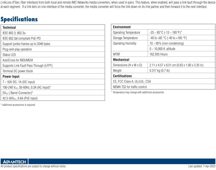 研華IMC-350I-MM-A 緊湊型光電轉(zhuǎn)換器，支持寬溫，100Base-TX/FX，多模1300nm，LFPT，5km，SC type