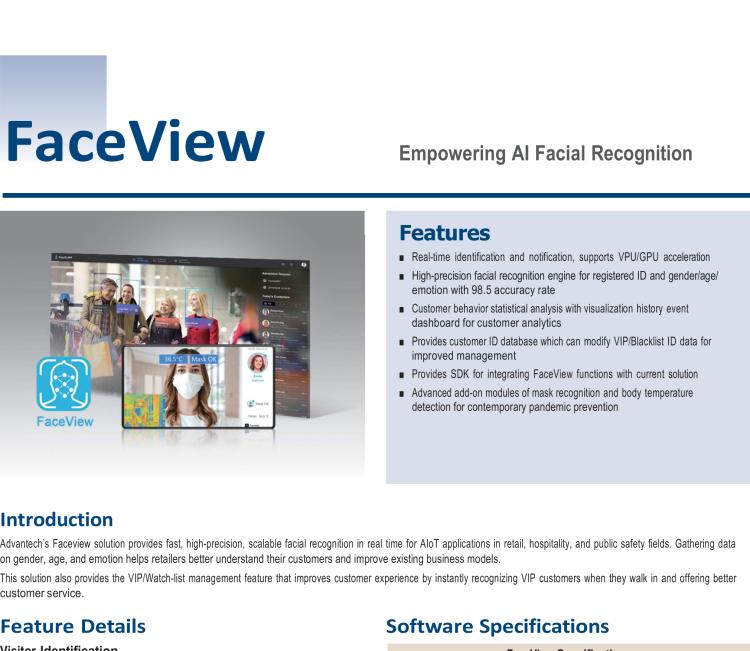 研華FaceView 研華 DeviceOn.FaceView是基于研華 IoT 設(shè)備的人臉識別軟件，支持性別、年齡、情感的數(shù)據(jù)收集，支持VPU/GPU加速。FaceView軟件在最新版本中正確識別率提升到了99.7%，可以支持遮擋檢測，也就是是否正確佩戴口罩，再搭配專業(yè)測溫攝像頭情況下，可以實現(xiàn)測量體溫。