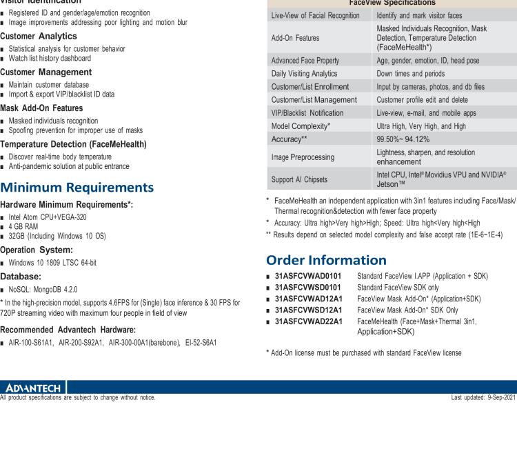 研華FaceView 研華 DeviceOn.FaceView是基于研華 IoT 設(shè)備的人臉識別軟件，支持性別、年齡、情感的數(shù)據(jù)收集，支持VPU/GPU加速。FaceView軟件在最新版本中正確識別率提升到了99.7%，可以支持遮擋檢測，也就是是否正確佩戴口罩，再搭配專業(yè)測溫攝像頭情況下，可以實現(xiàn)測量體溫。