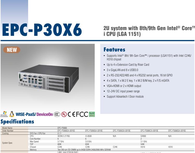 研華EPC-P3086 適配Intel? 第8/9代 Core i 系列處理器，搭載H310芯片組。2U高度，支持全長PCIe x16擴(kuò)展卡。接口豐富，性能強(qiáng)勁。