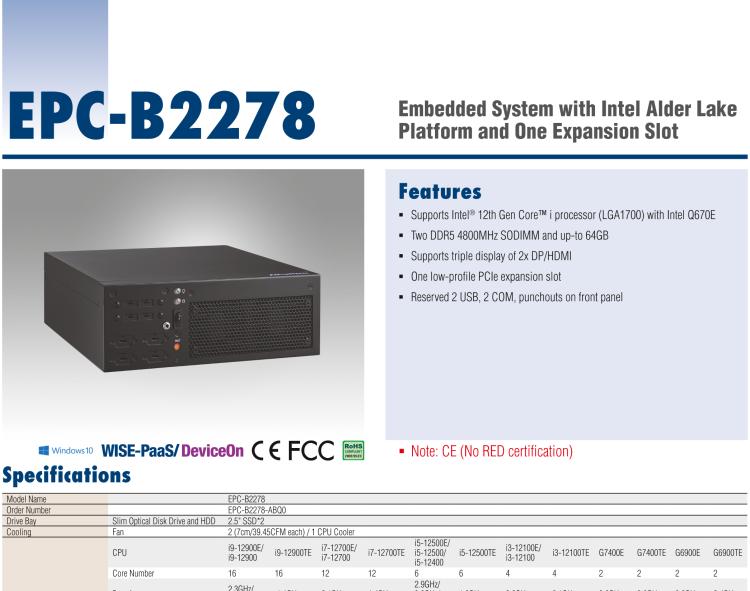 研華EPC-B2278 適配Intel 第12代 Core i 系列處理器，搭載Q670E芯片組。2U高度，精簡(jiǎn)尺寸，性能強(qiáng)勁，是小尺寸高性能場(chǎng)景的理想解決方案。