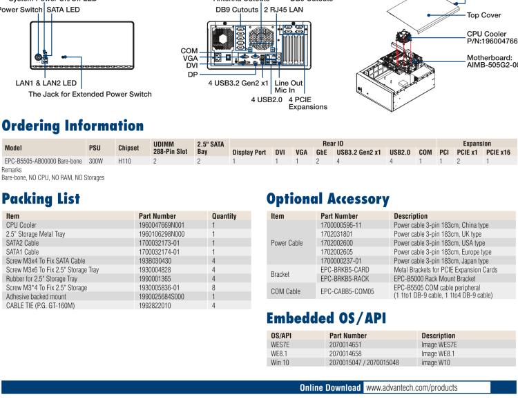 研華EPC-B5505 適配Intel? 第6/7代 Core ? i/Xeon E3系列處理器，搭載H110芯片組。標(biāo)準(zhǔn)4U上架，廣泛適用于各種行業(yè)。