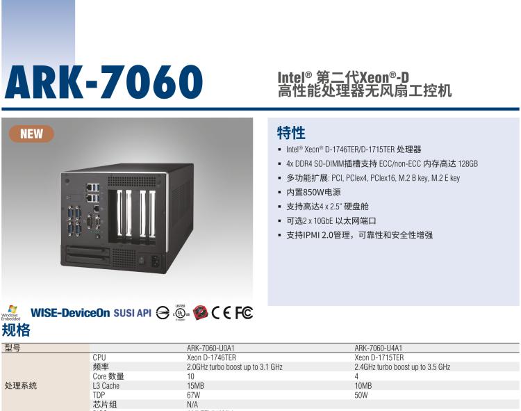 研華ARK-7060 搭載Intel二代Xeon D-1700高性能處理器系統(tǒng)，具有3個(gè)擴(kuò)展插槽
