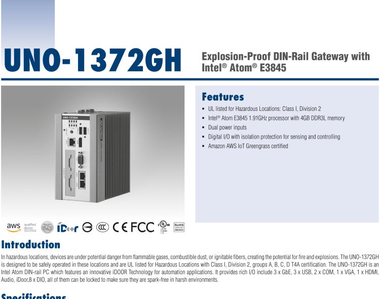 研華UNO-1372GH 通過Class I，Division 2認證的導(dǎo)軌安裝工業(yè)控制器，搭配英特爾?凌動?四核處理器