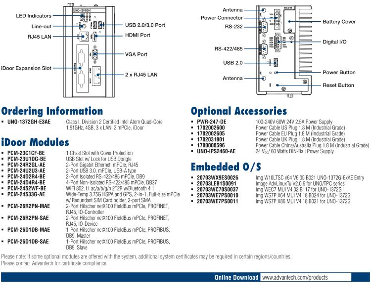 研華UNO-1372GH 通過Class I，Division 2認證的導(dǎo)軌安裝工業(yè)控制器，搭配英特爾?凌動?四核處理器