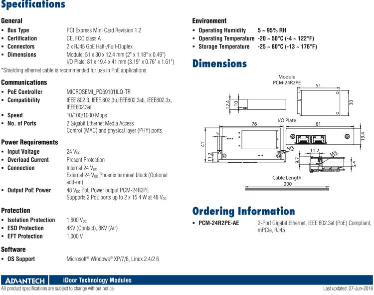 研華PCM-24R2PE 2端口千兆以太網(wǎng)，兼容IEEE 802.3af（PoE），mPCIe，RJ45