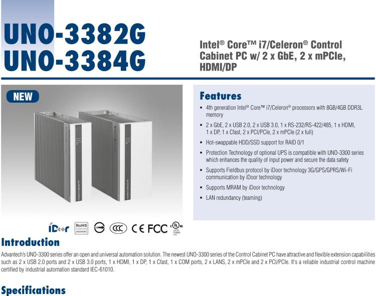 研華UNO-3384G Intel? Core? i7/Celeron控制柜PC，2 x GbE, 2 x mPCIe, HDMI/DP