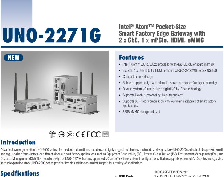 研華UNO-2271G 小型智慧工廠數(shù)據(jù)網(wǎng)關(guān)，搭載Intel? Atom?處理器，2 x GbE, 1 x mPCIe, HDMI, eMMC