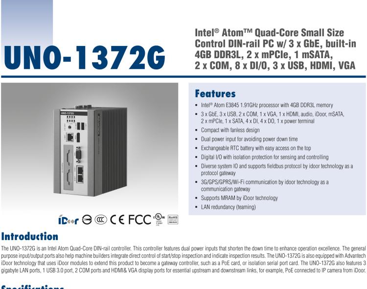 研華UNO-1372G 小型導(dǎo)軌安裝工業(yè)控制器，搭配英特爾?凌動(dòng)? 四核處理器及4GB DDR3L內(nèi)存，2×mPCIe，1×mSATA，2×COM，8×DI/O，3×USB，1×HDMI，1×VGA