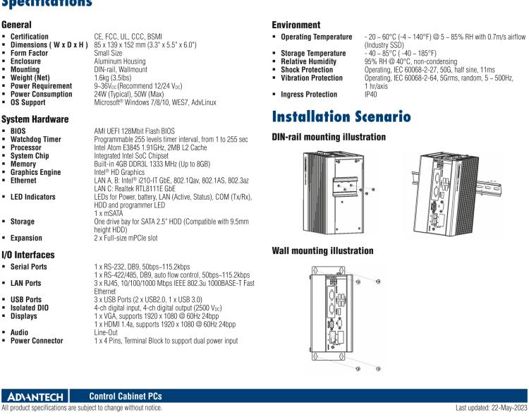 研華UNO-1372G 小型導(dǎo)軌安裝工業(yè)控制器，搭配英特爾?凌動(dòng)? 四核處理器及4GB DDR3L內(nèi)存，2×mPCIe，1×mSATA，2×COM，8×DI/O，3×USB，1×HDMI，1×VGA