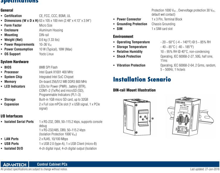 研華UNO-1252G 微型導(dǎo)軌安裝工業(yè)物聯(lián)網(wǎng)網(wǎng)關(guān)，搭配英特爾? Quark? 微控制器，2×LAN，2×mPCIe，2×COM，8×DI/O，2×USB，1×1GB microSD card，1×SIM