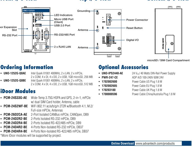 研華UNO-1252G 微型導(dǎo)軌安裝工業(yè)物聯(lián)網(wǎng)網(wǎng)關(guān)，搭配英特爾? Quark? 微控制器，2×LAN，2×mPCIe，2×COM，8×DI/O，2×USB，1×1GB microSD card，1×SIM