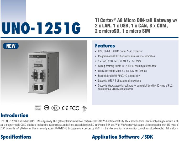 研華UNO-1251G 微型導(dǎo)軌安裝工業(yè)物聯(lián)網(wǎng)網(wǎng)關(guān)，搭配TI Coretex A8處理器，2×LAN，1×USB，1×CANopen，3×COM，2×microSD，1×microSIM