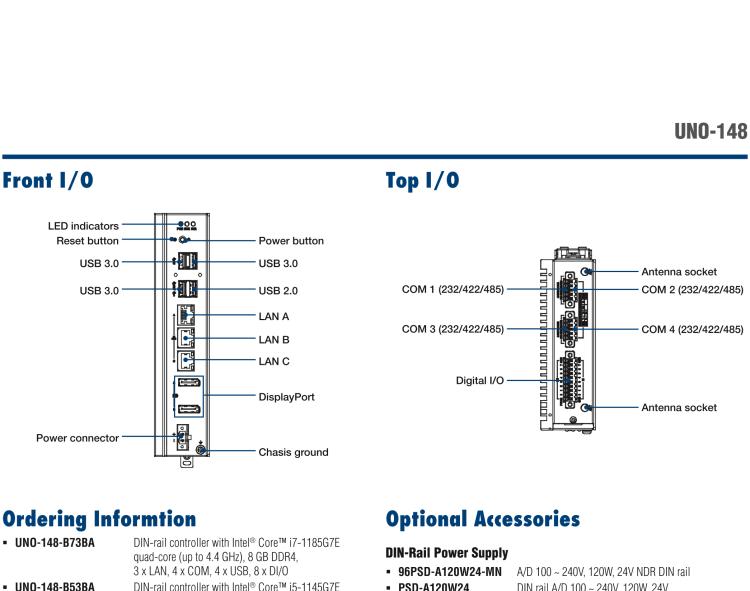 研華UNO-148 常規(guī)無(wú)風(fēng)扇DIN導(dǎo)軌控制器，采用第11代Intel? Core? i處理器