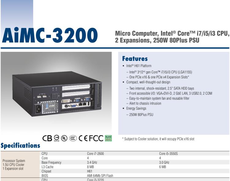 研華AiMC-3200 智能微型工控機，Intel Core i7/i5/i3 CPU,2 擴展槽，250W 80 Plus PSU