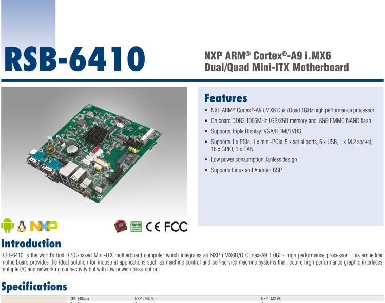 研華RSB-6410 基于NXP ARM Cortex-A9 i.MX6 Dual/Quad 的Mini-ITX工業(yè)主板， 支持Linux Yocto/Android